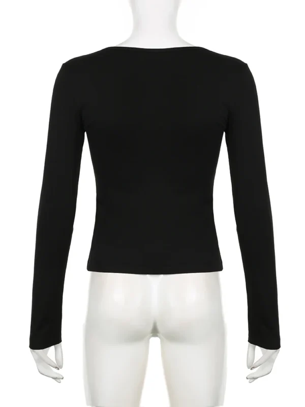 IAMSURE doux mignon pansement t-shirt mince col en v profond dentelle garniture à manches longues t-shirts femmes 2023 automne printemps mode Streetwear dame – Image 4