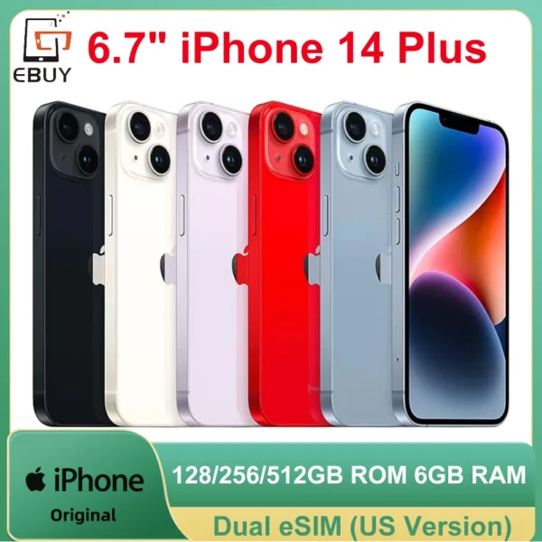 100% Original Apple iPhone 14 Plus double eSIM 128/256/512GB ROM 6GB RAM véritable Super Retina OLED visage ID NFC 5G téléphone