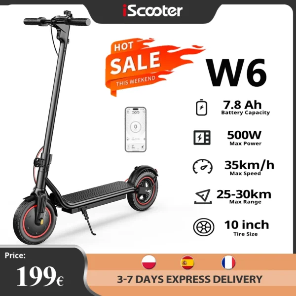 Moteur de trottinette électrique W6 de 10 pouces, 500 W, 36 V, 7,8 Ah, autonomie de 25 à 30 km, 3 vitesses, 35 km/h, avec application e-scooter