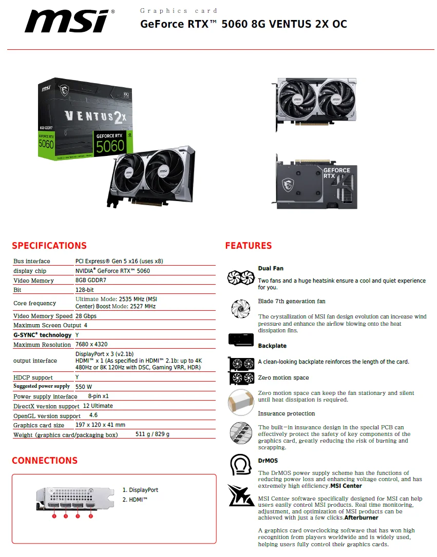 MSI GeForce RTX5060 VENTUS 2X 8G OC carte graphique de jeu 8GB GDDR7 128 bits 8pin DP PCI-E 5.0x16 ordinateur de bureau complet nouveau – Image 6