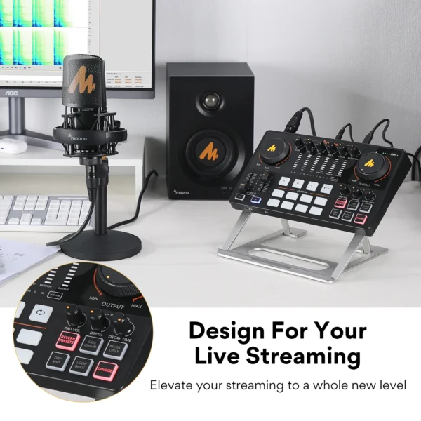 Maono AME2 Interface Audio carte son DJ mélangeur tout en un Studio de Podcast Portable pour l'enregistrement, le Streaming en direct, Youtube, guitare, PC – Image 3