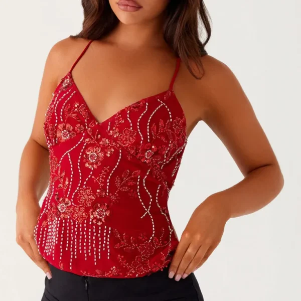 Été femmes Y2k paillettes licou culture hauts perle embelli haut caraco été paillettes col en V strass Camisole débardeur