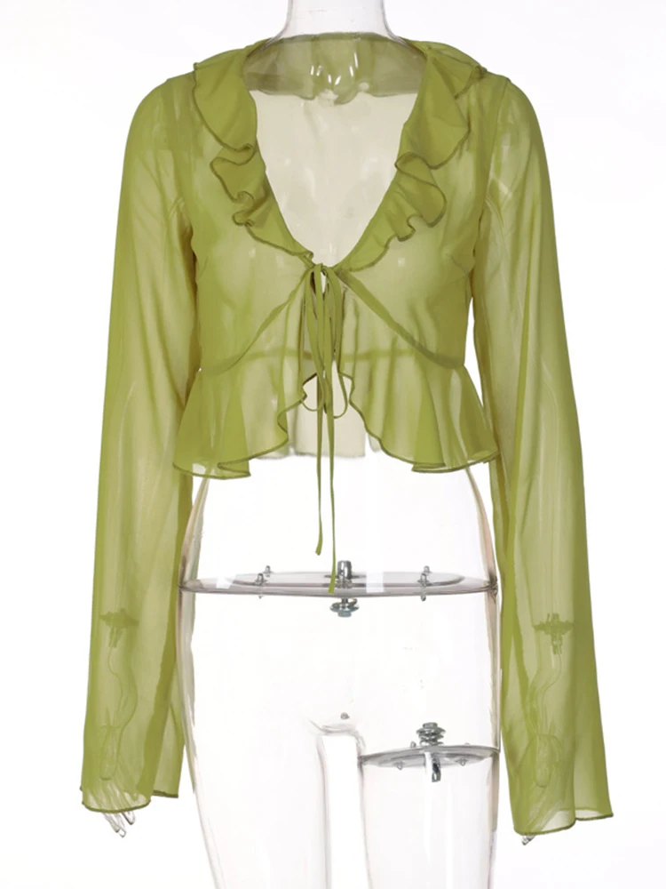 Hugcitar 2025 femmes champignon dentelle solide voir à travers soie manches évasées col en V réservoir court mode décontracté doux haut pour fille – Image 5