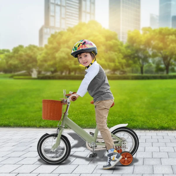 Vélo pour enfants de 12 pouces avec roues d'entraînement + panier, vélo pour enfants à deux freins, charge 40 kg pour les âges de 2 à 4 ans (vert/jaune/rose) – Image 3