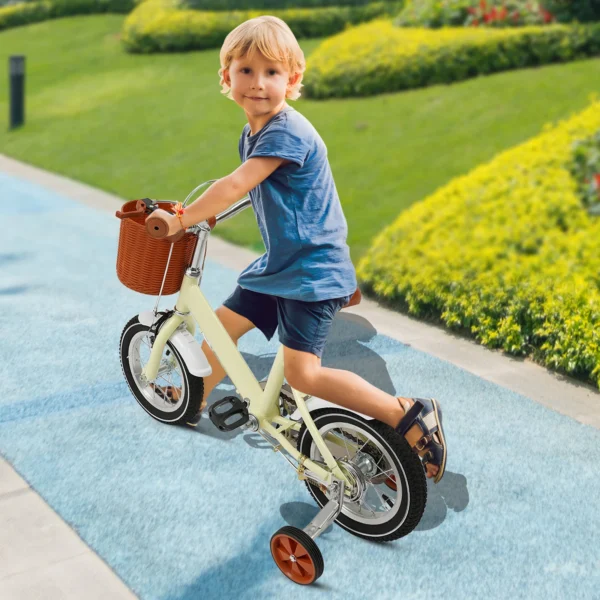 Vélo pour enfants de 12 pouces avec roues d'entraînement + panier, vélo pour enfants à deux freins, charge 40 kg pour les âges de 2 à 4 ans (vert/jaune/rose) – Image 4