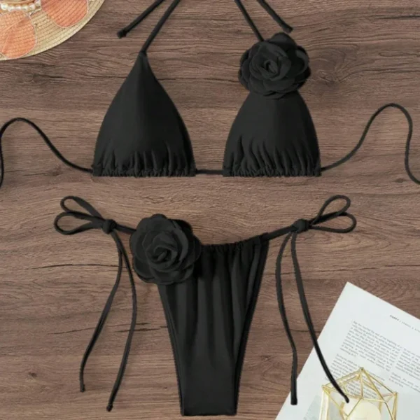 S - L Sexy 3D fleurs licou à bretelles Bikini femmes maillots de bain femme maillot de bain deux pièces Bikini ensemble baigneur maillot de bain bain – Image 2