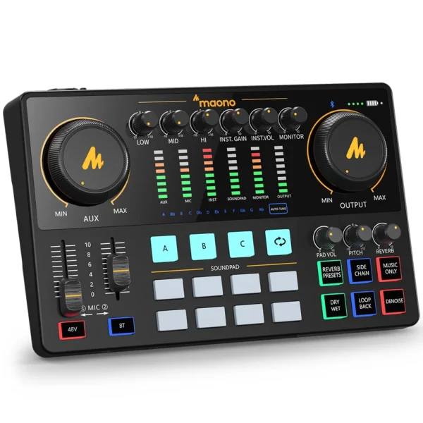 Maono AME2 Interface Audio carte son DJ mélangeur tout en un Studio de Podcast Portable pour l'enregistrement, le Streaming en direct, Youtube, guitare, PC