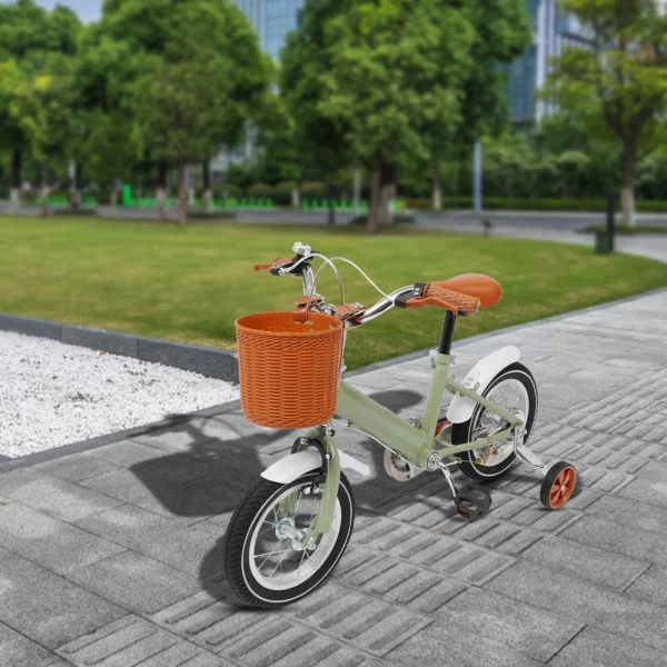 Vélo pour enfants de 12 pouces avec roues d'entraînement + panier, vélo pour enfants à deux freins, charge 40 kg pour les âges de 2 à 4 ans (vert/jaune/rose) – Image 2