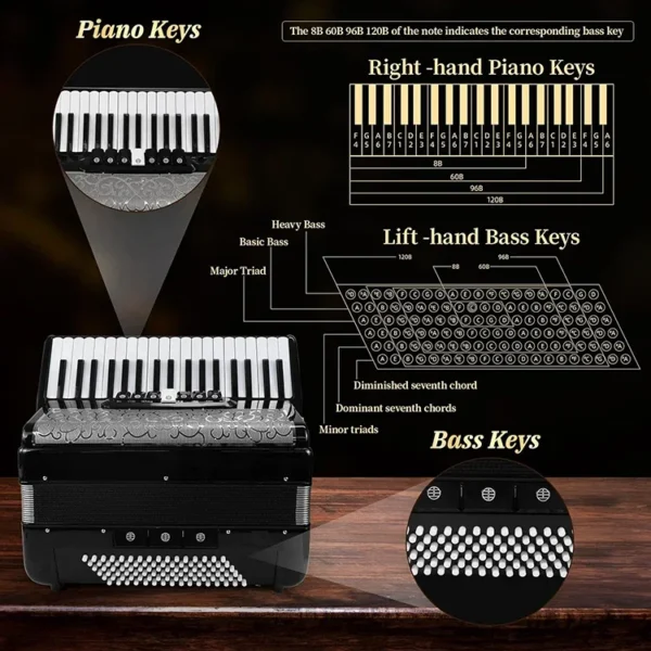 Accordéon professionnel 37 touches 96 clavier de basse diatonique blanc basse accordéon Instrument Piano pour adulte – Image 4